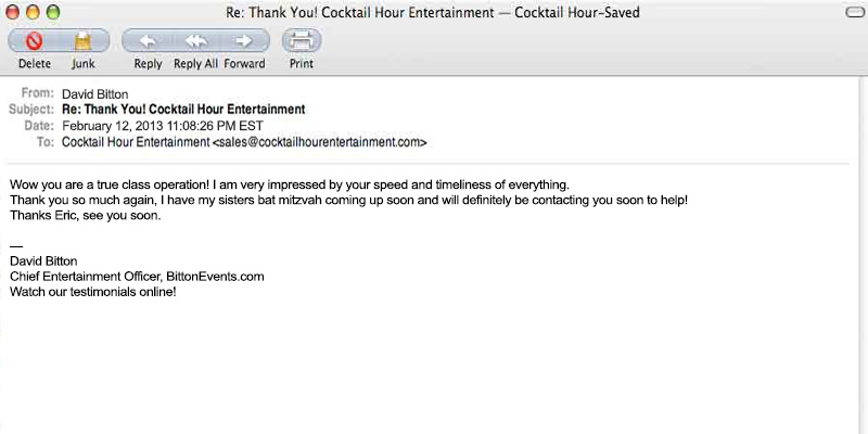 client letter feedback cocktail hour entertainment