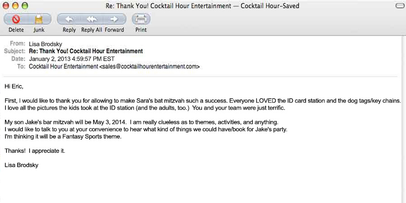 client letter feedback cocktail hour entertainment