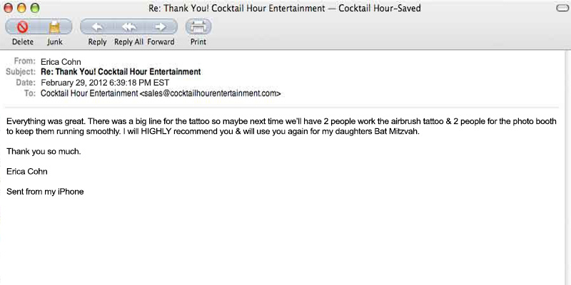 client letter feedback cocktail hour entertainment