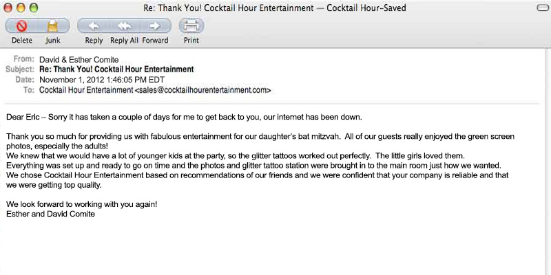 client letter feedback cocktail hour entertainment