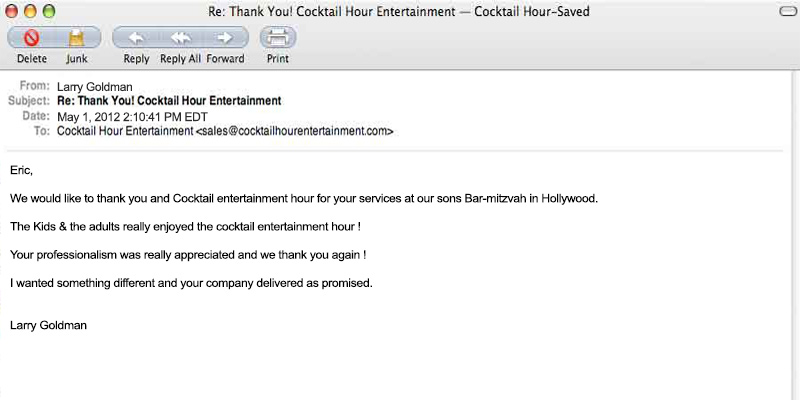 client letter feedback cocktail hour entertainment