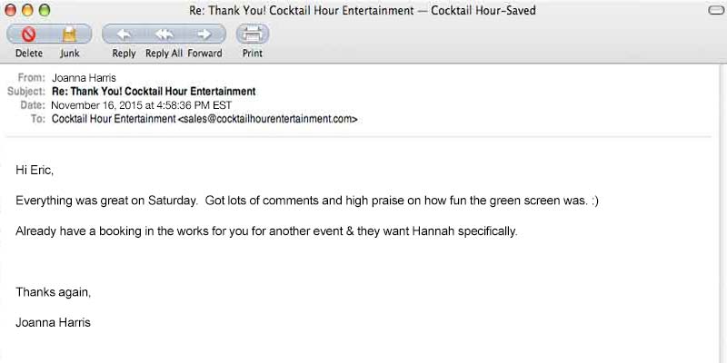 cocktail hour entertainment feedback review comments