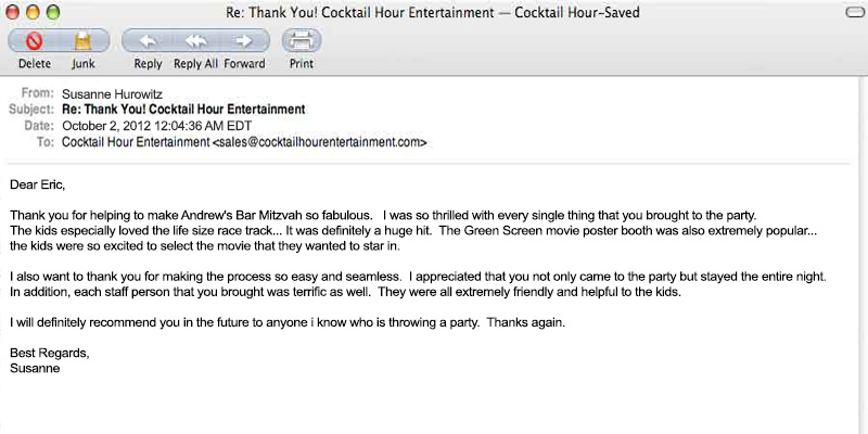 client letter feedback cocktail hour entertainment
