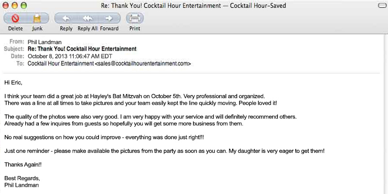 cocktail hour entertainment client letter feedback eric cutler