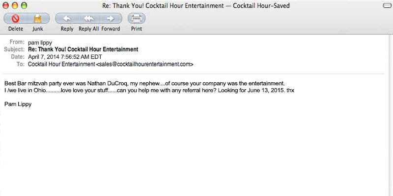 client letter feedback cocktail hour entertainment