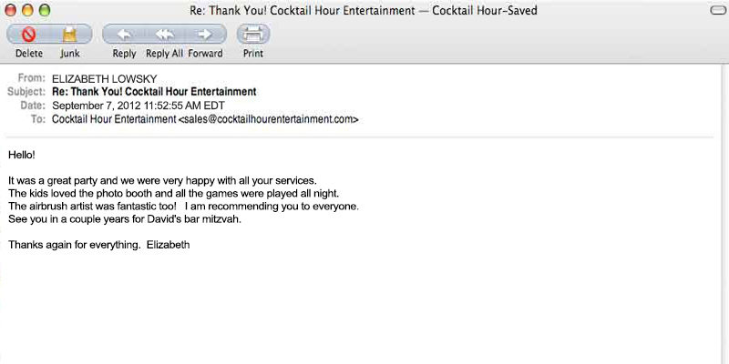 client letter feedback cocktail hour entertainment