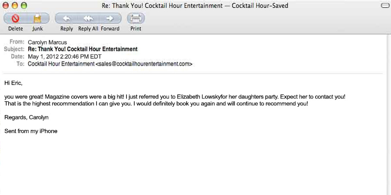 client letter feedback cocktail hour entertainment