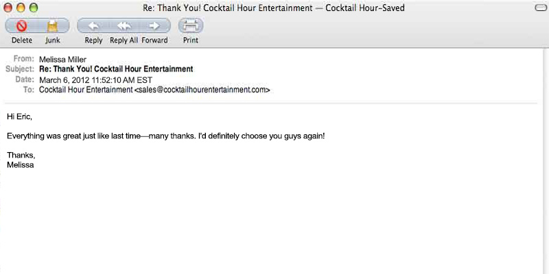 client letter feedback cocktail hour entertainment
