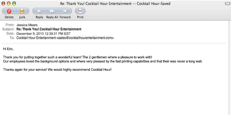 cocktail hour entertainment client letter feedback eric cutler