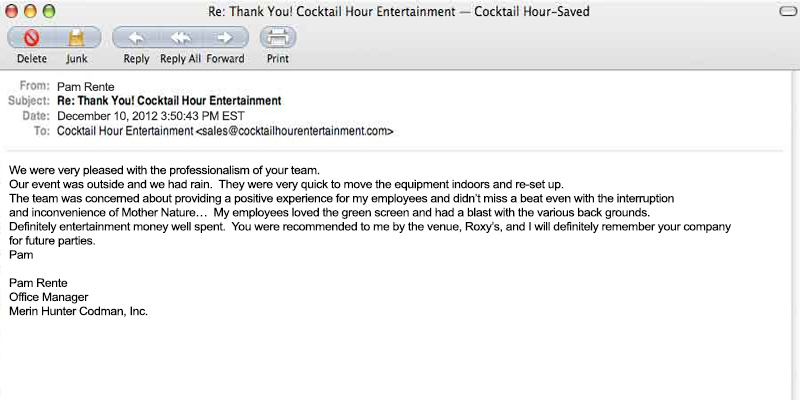 client letter feedback cocktail hour entertainment