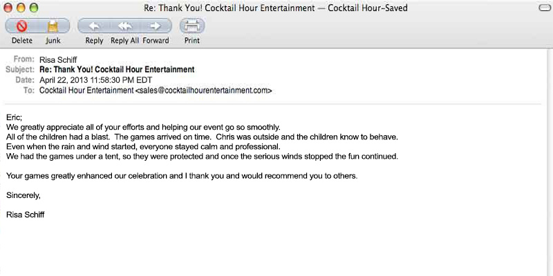 client letter feedback cocktail hour entertainment
