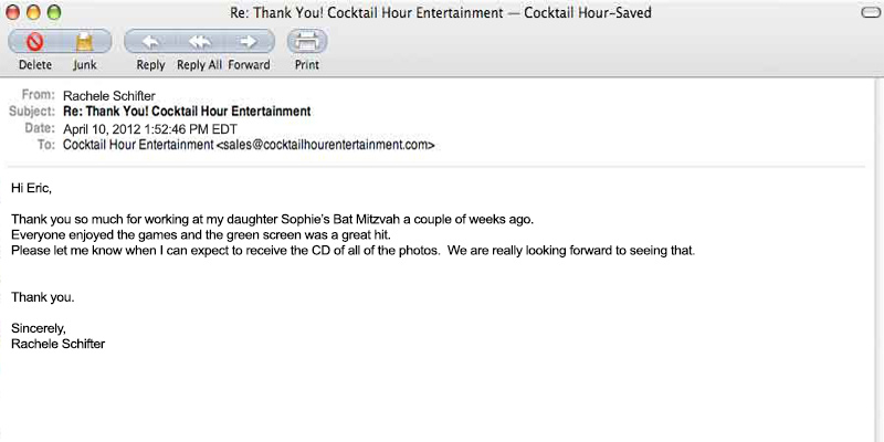 client letter feedback cocktail hour entertainment