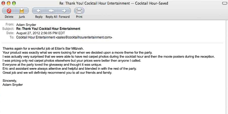 client letter feedback cocktail hour entertainment