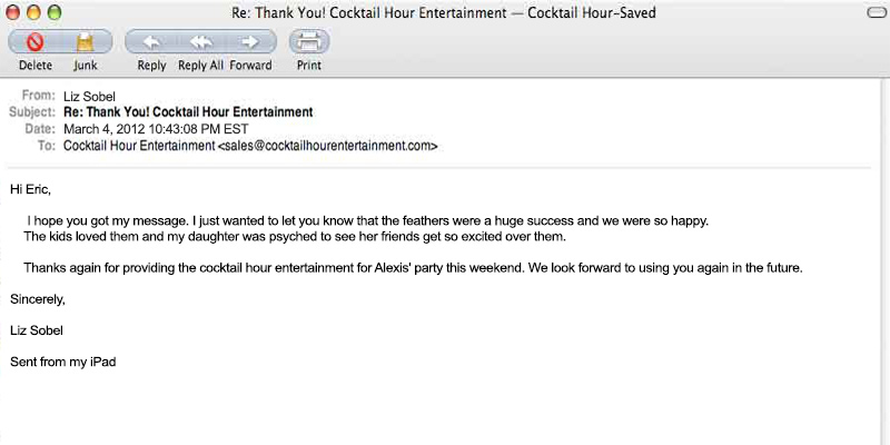 client letter feedback cocktail hour entertainment