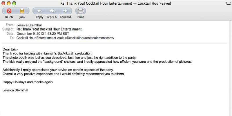 client letter feedback cocktail hour entertainment