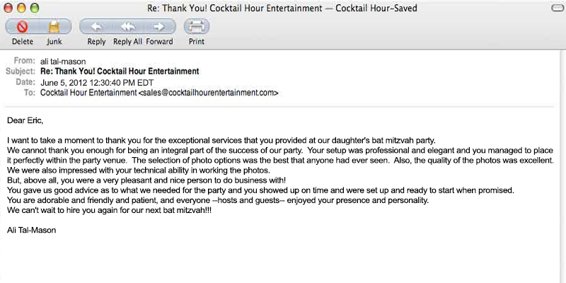 client letter feedback cocktail hour entertainment